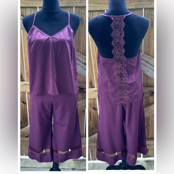 Eloise Anthro Satin Wine Breakfast in Bed Cropped Palazzo & Cami Lounge Set S - Picture 1 of 14